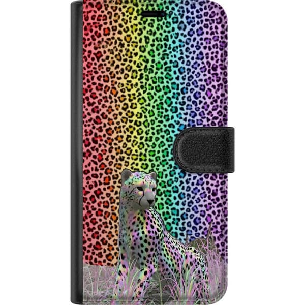 Kompatibel Tegnebogsetui til Apple iPhone 14 Pro Max Farverig leopard i regnbuens farver mod en matchende leopardmønstret baggrund flerfarvet