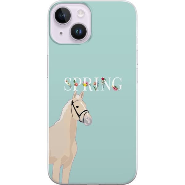 Kompatibelt Mobildeksel til Apple iPhone 15 Plus Lys hest med blomster og teksten "Spring" mot mintgrønn bakgrunn grønn
