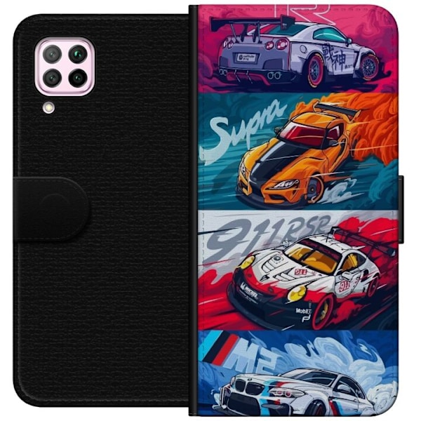 Huawei P40 lite Lompakkokotelo Nopeat Autot - Piirretty Kuvio Toiminnalla