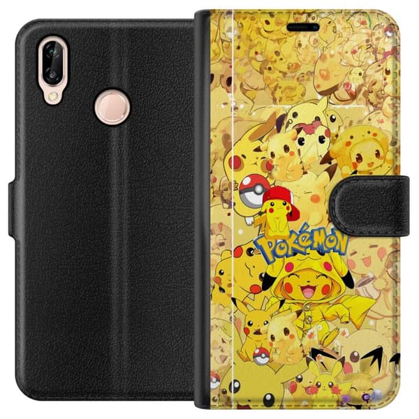 Kompatibel Tegnebogsetui til Huawei P20 lite Sød Pikachu-collage med Pokémon-tema i bløde gule nuancer gul
