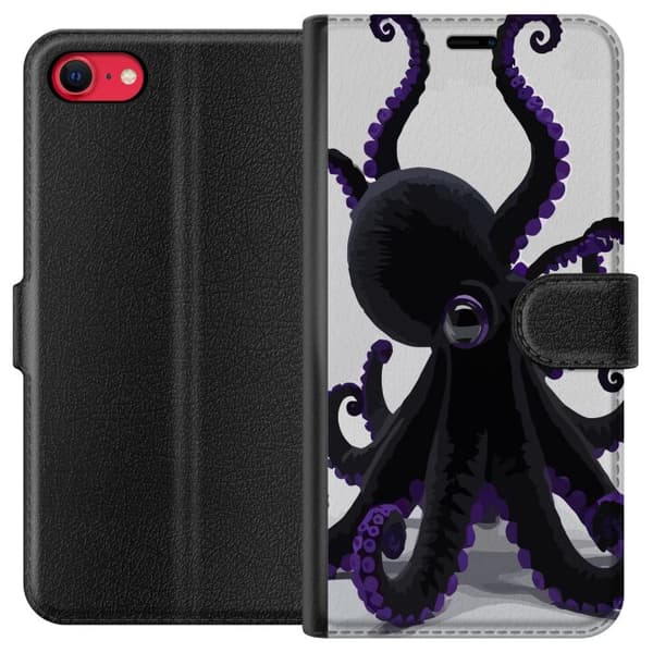 Kompatibel Tegnebogsetui til Apple iPhone 7 Sort blæksprutte med lilla detaljer i et elegant havtema mod en lys baggrund sort