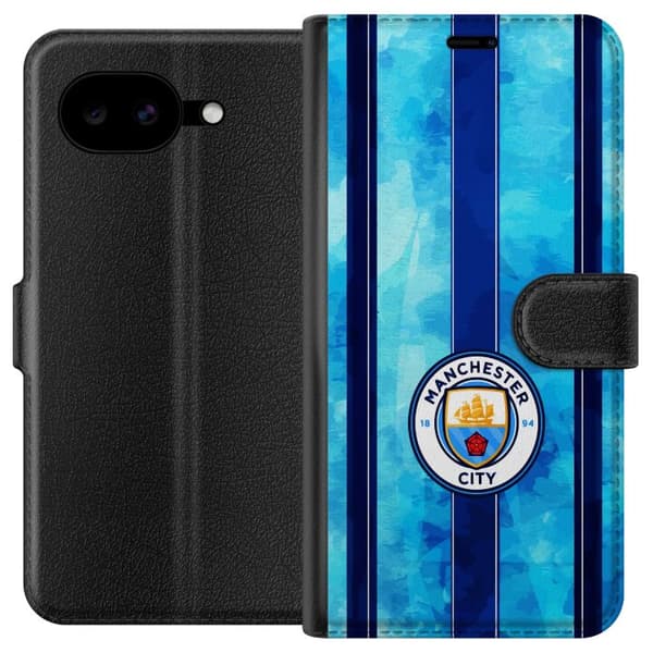 Kompatibel Tegnebogsetui til Google Pixel 10a Stort cirkelformet fodboldemblem mod lyseblå og mørkeblå lodrette striber med subtil tekstur blå