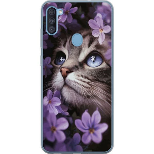 Samsung Galaxy A11 Gjennomsiktig deksel Katt og blomster