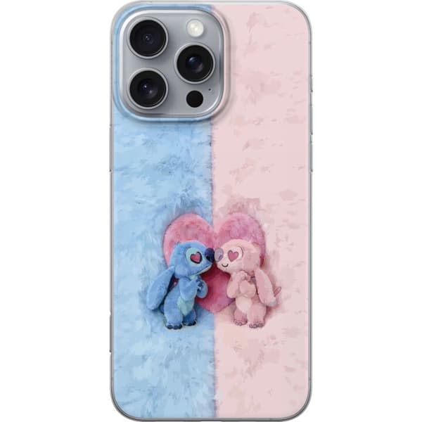Kompatibelt Mobildeksel til Apple iPhone 16 Pro Max Søte blå og rosa figurer foran et stort rosa hjerte rosa