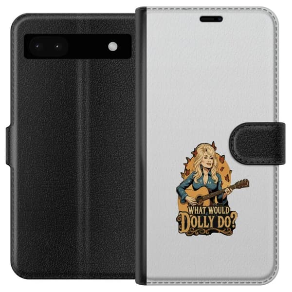 Kompatibel Tegnebogsetui til Google Pixel 6a Dolly Parton med gitarr och fjärilar grå