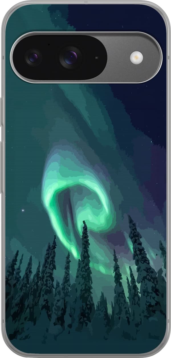 Kompatibelt Mobildeksel til Google Pixel 9 Pro Grønt nordlys over mørk barskog under stjerneklar nattehimmel grønn