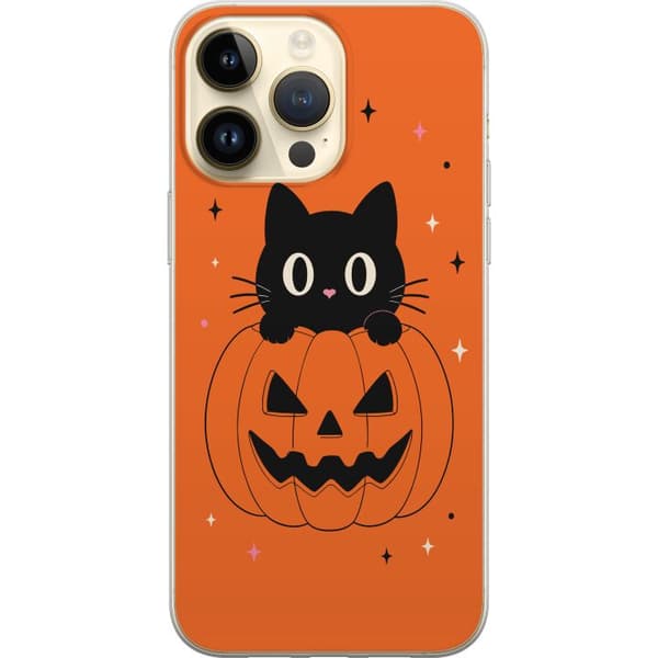 Kompatibelt Mobildeksel til Apple iPhone 15 Pro Max Svart katt og halloween-gresskar med stjerner på oransje bakgrunn oransje