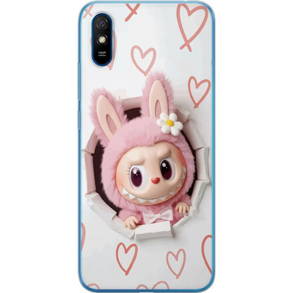 Xiaomi Redmi 9A Genomskinligt Skal Labubu Hjärtbakgrund Pop Mart Kärlek Tema Figur Design Populärt Motiv Samlarfigur Art Toy Serie