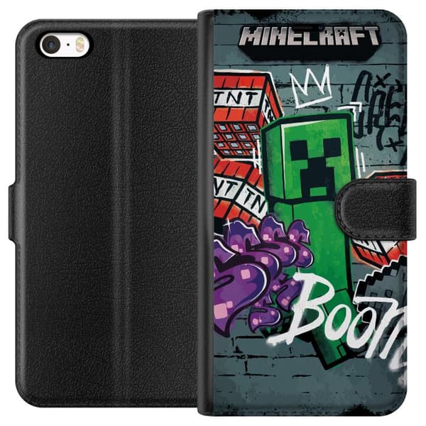 Kompatibel Tegnebogsetui til Apple iPhone SE (2016) Grøn blokfigur med dynamit, graffiti-detaljer og mørk urban baggrund grøn