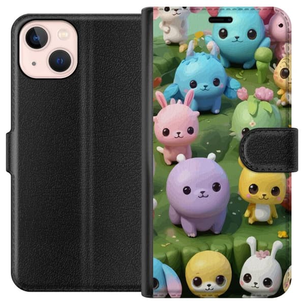 Kompatibel Tegnebogsetui til Apple iPhone 13 mini Kawaii-dyr i pasteldesign – søde figurer på en grøn eng, farverigt og legende design til børn og un