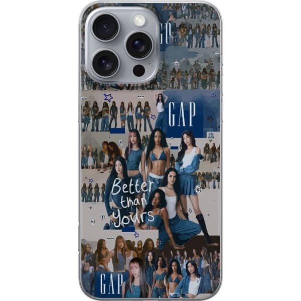 Kompatibel Mobilcover til Apple iPhone 16 Pro Max KATSEYE i blå denimcollage med gruppebilleder, stjerner og teksten ”Better than yours” i ungdommeli blå