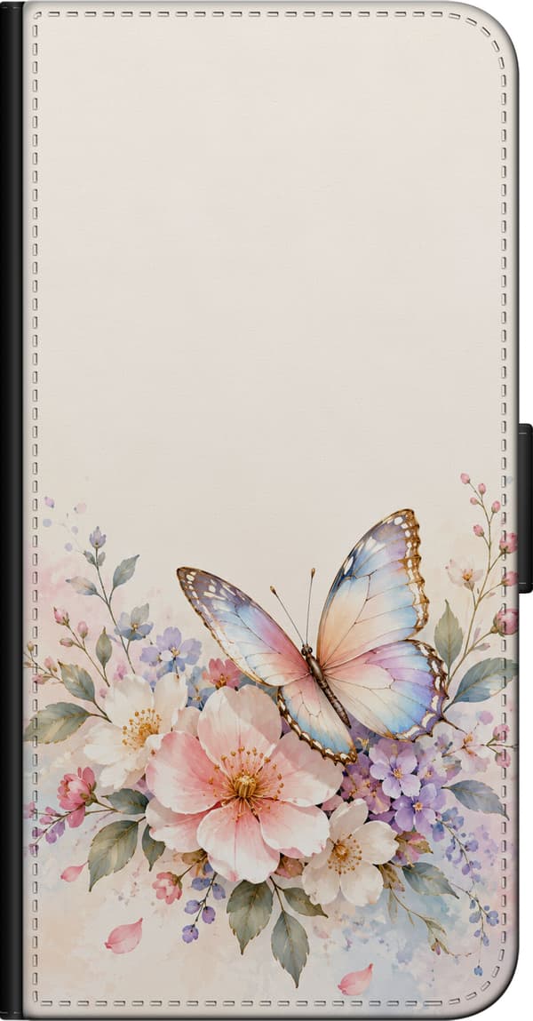 Kompatibel Tegnebogsetui til Xiaomi Redmi Note 9S Pastelsommerfugl og lyserøde blomster – Stor sommerfugl i lyseblå, lyserøde og gule farver sammen m beige