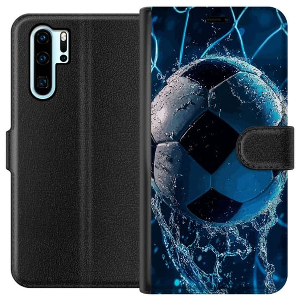 Kompatibelt Plånboksfodral till Huawei P30 Pro Närstudie av boll med blåa vattenstänk och dynamisk bakgrund blå