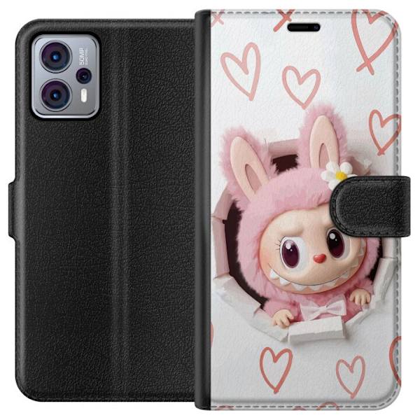 Motorola Moto G23 Lompakkokotelo Labubu Sydän Taustakuva Pop Mart Rakkausteema Hahmodesign Suosittu Motiivi Keräilytaideteossarja