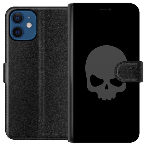 Kompatibel Tegnebogsetui til Apple iPhone 12 Enkel dødningehoved i grå tone mod sort baggrund, elegant og moderne design