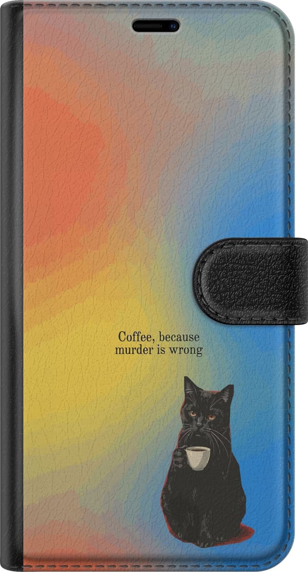 Kompatibel Tegnebogsetui til Apple iPhone 16 Sort kat med kaffekop og teksten Coffee Because Murder Is Wrong mod en farverig baggrund flerfarvet