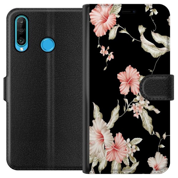 Huawei P30 lite Tegnebogsetui Blomstermønster Sort