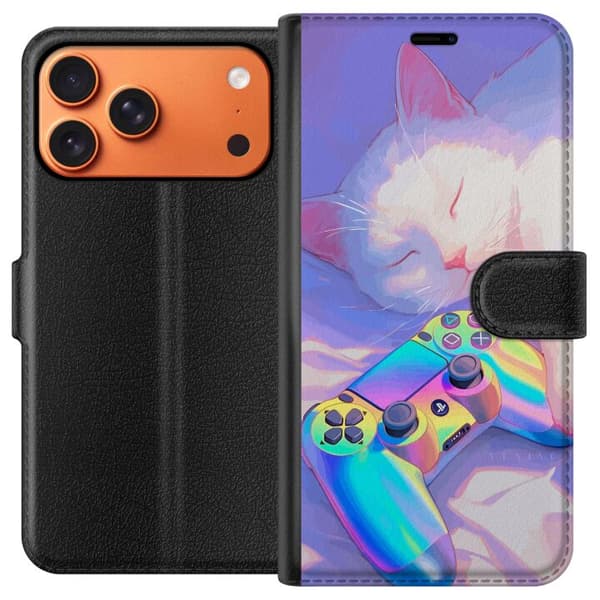 Kompatibel Tegnebogsetui til Apple iPhone 17 Pro Max Drømmerig kat ved siden af en farverig spillecontroller i bløde neonfarver og gamingtema. lilla