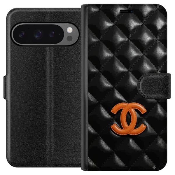 Kompatibel Tegnebogsetui til Google Pixel 9 Pro XL Sort quiltet lædermønster med orange emblem og eksklusivt design sort