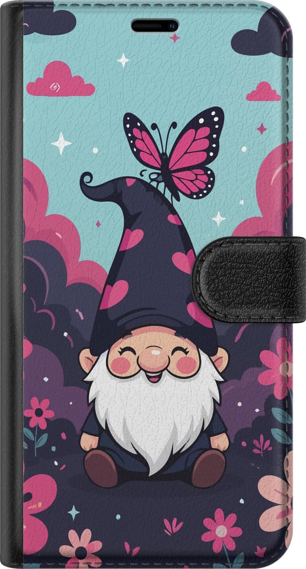Kompatibel Tegnebogsetui til Apple iPhone 12 Sød illustreret nisse med lyserøde hjerter, sommerfugl og blomster i lyserøde og mørkeblå nuancer blå