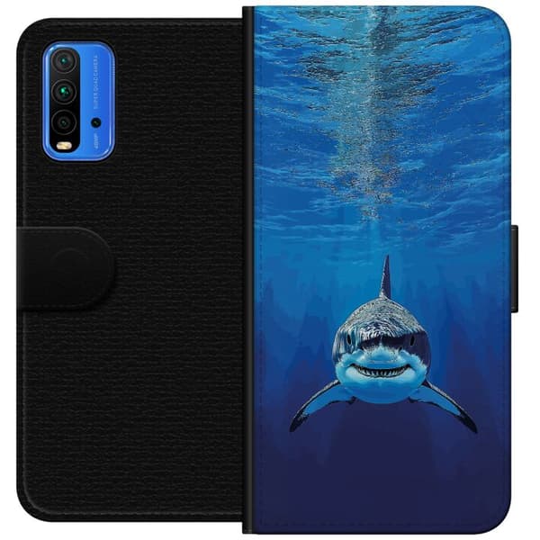 Kompatibelt Plånboksfodral till Xiaomi Redmi Note 9 4G Närbild av en vithaj under vattnet blå
