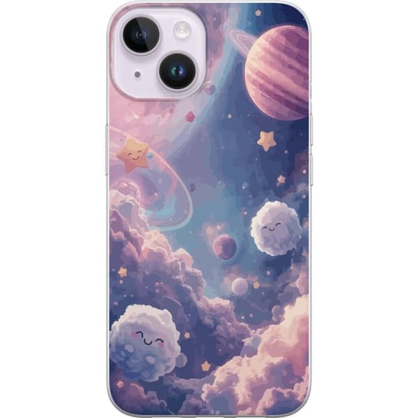 Kompatibelt Mobildeksel til Apple iPhone 14 Drømmende stjernehimmel med planeter skyer og smilende stjerner