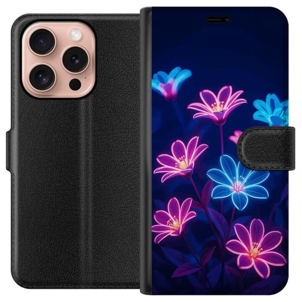 Kompatibel Tegnebogsetui til Apple iPhone 16 Pro Blåt og lyserødt motiv med lysende neonblomster mod mørk baggrund blå