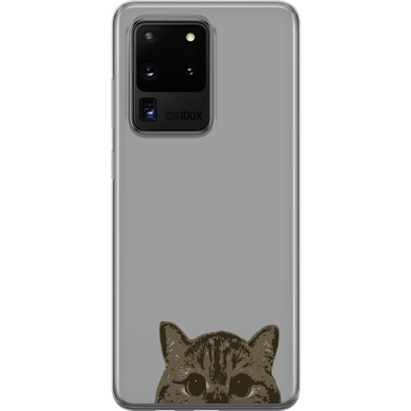 Samsung Galaxy S20 Ultra Genomskinligt Skal Grå Kattblick – stilren kattdesign med grå bakgrund