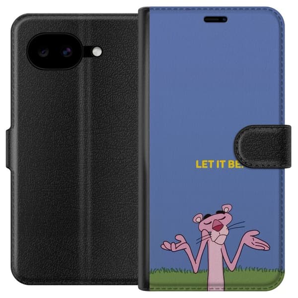 Kompatibel Tegnebogsetui til Google Pixel 10a Lyserød tegnet panter, der trækker på skuldrene under det gule citat Let It Be mod en blød blå baggrund blå