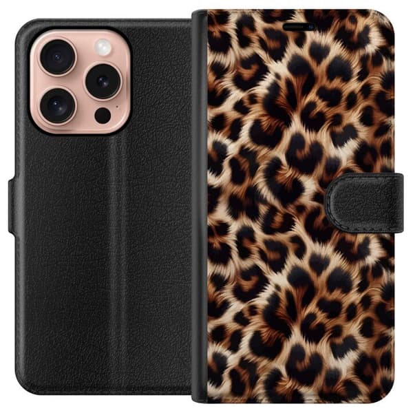 Kompatibel Tegnebogsetui til Apple iPhone 16 Pro Nær billede af leopardmønster med bløde pelsdetaljer i brune og sorte nuancer