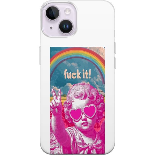 Kompatibelt Mobildeksel til Apple iPhone 15 Plus Rosa klassisk statue med hjerteformede solbriller, fredstegn, regnbue og "Fuck It"-tekst rosa