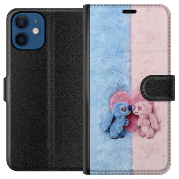 Kompatibel Tegnebogsetui til Apple iPhone 12 Søde blå og lyserøde figurer foran et stort lyserødt hjerte pink