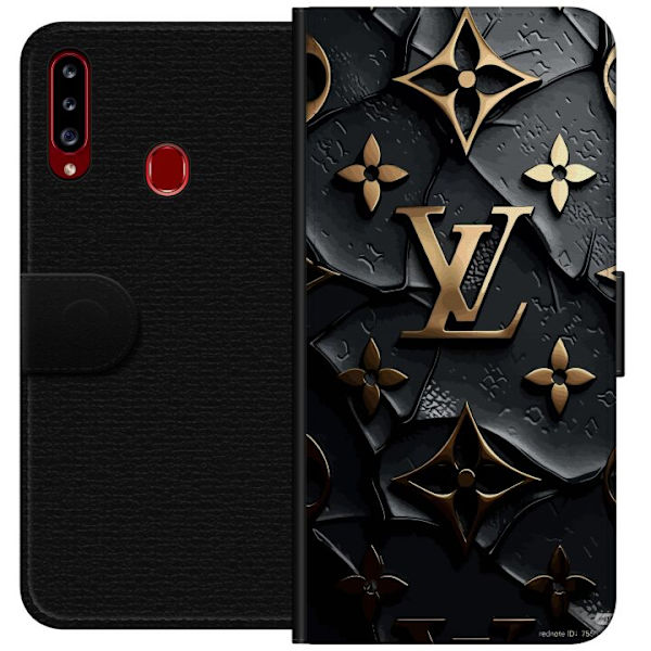 Samsung Galaxy A20s Plånboksfodral Louis Vuitton Dark Mode Design Svart Lyx Stil Fashion Populärt Grafiskt Mönster Modeikon Lyxmärke