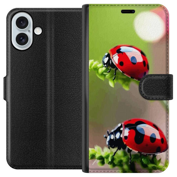 Apple iPhone 16 Plus Plånboksfodral Nyckelpiga Insekt Lycka Symbol Naturmotiv Populärt Grafiskt Motiv Dekoration Sommar Tur