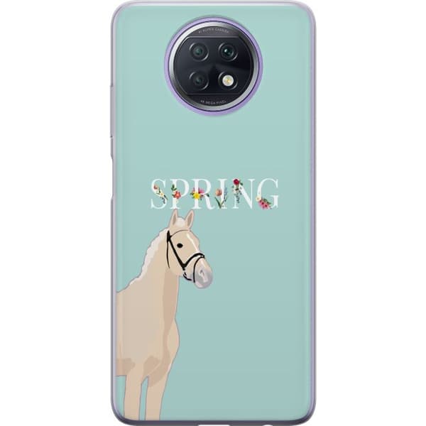 Kompatibel Mobilcover til Xiaomi Redmi Note 9T Lys hest med blomster og teksten "Spring" på mintgrøn baggrund grøn