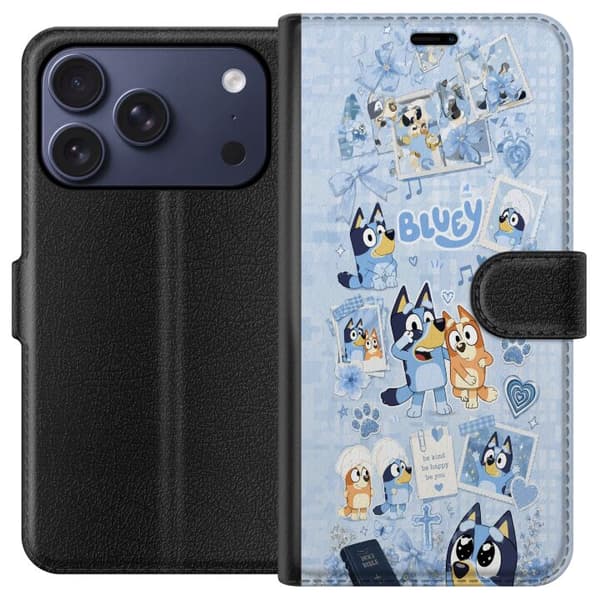 Kompatibel Tegnebogsetui til Apple iPhone 17 Pro Blåt tegnet collage med hunde, hjerter, poter, blomster og sløjfer blå