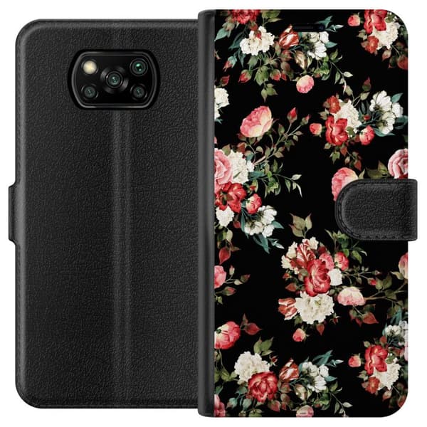 Kompatibel Tegnebogsetui til Xiaomi Poco X3 NFC Sort rosegrafik sort