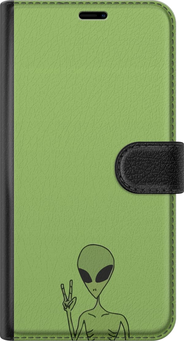 Kompatibel Tegnebogsetui til Apple iPhone 15 Plus Minimalistisk grøn alien, der viser fredstegn på lysegrøn baggrund grøn