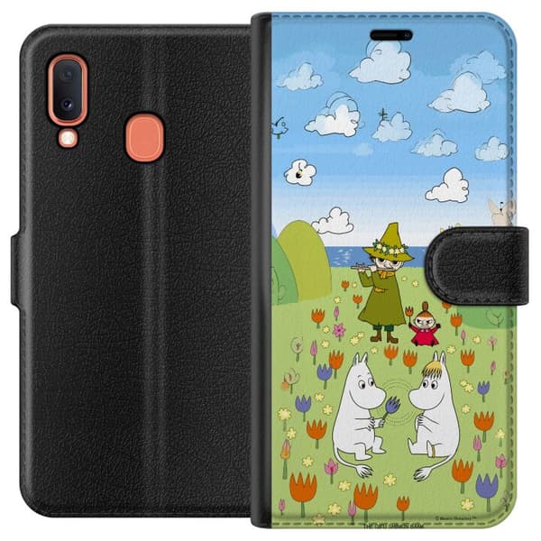 Kompatibel Tegnebogsetui til Samsung Galaxy A20e Mumin i blomsteräng grøn