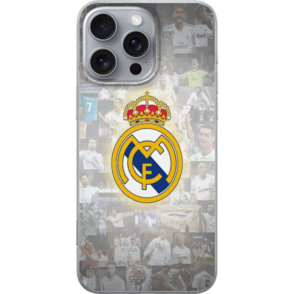 Apple iPhone 16 Pro Max Läpinäkyvä kuori Real Madrid -emblem Jalkapallokerho Tunnuksella Valkoinen Kulta Design Mestarien Liiga Mestari La Liga Fan