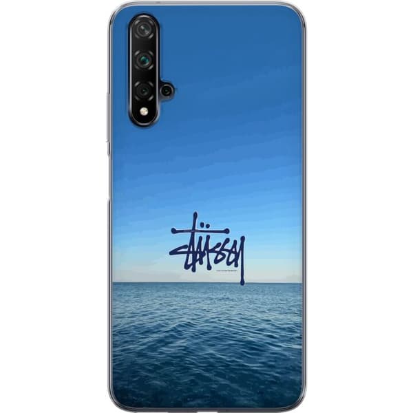 Kompatibelt Mobildeksel til Huawei nova 5T Havspanorama med blå himmel og stilig surf-inspirert logo blå