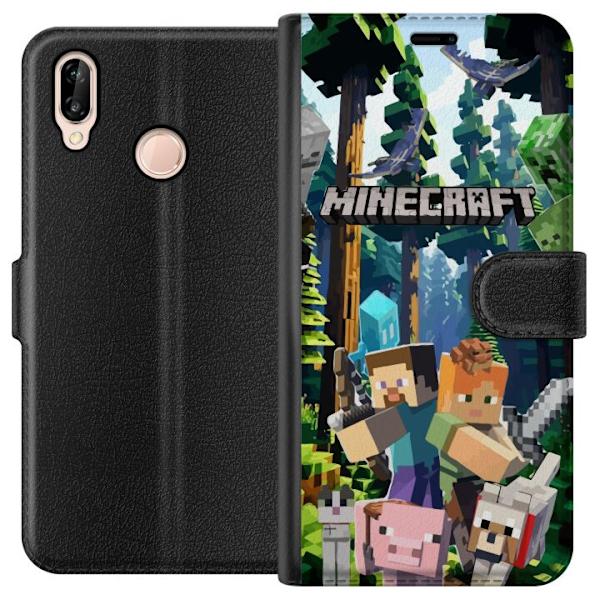 Huawei P20 lite Plånboksfodral Minecraft mobilskal med skog och figurer i pixelstil
