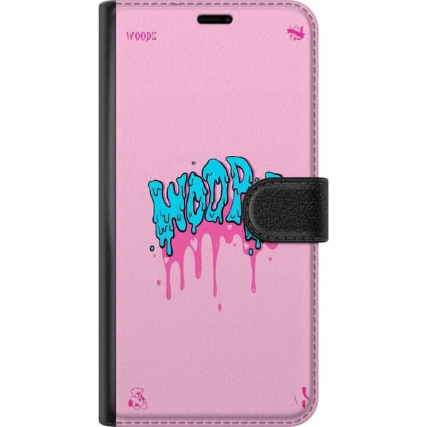 Kompatibel Tegnebogsetui til Apple iPhone 16e Turkis dryppende graffititekst mod en lyserød baggrund med små dekorative detaljer pink