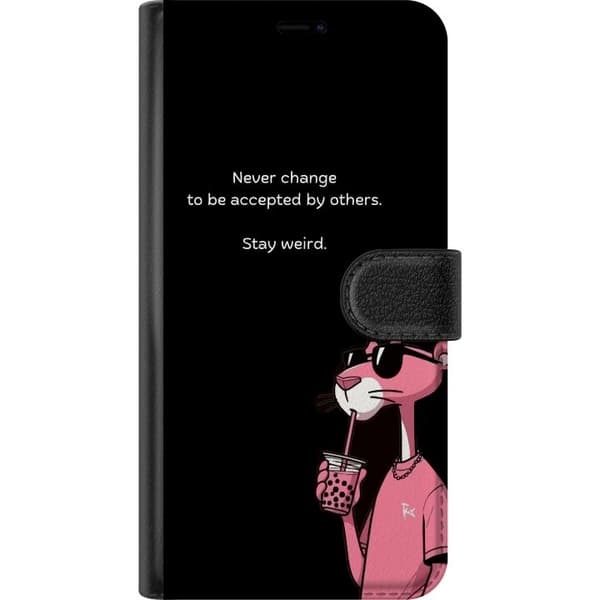 Kompatibel Tegnebogsetui til Apple iPhone 16 Lyserød panter med solbriller og en drink sammen med et sjovt citat på sort baggrund sort