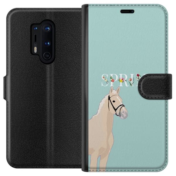 Kompatibel Tegnebogsetui til OnePlus 8 Pro Lys hest med blomster og teksten "Spring" på mintgrøn baggrund grøn