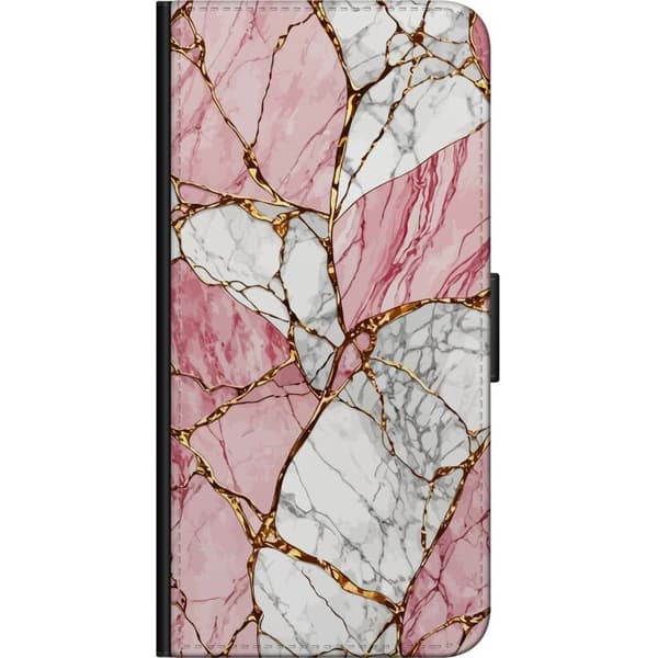 Kompatibelt Plånboksfodral till Samsung Galaxy A20s Rosa och vit marmortextur med sprickor och guldfärgade ådror som ger en elegant stenlook med lyxi