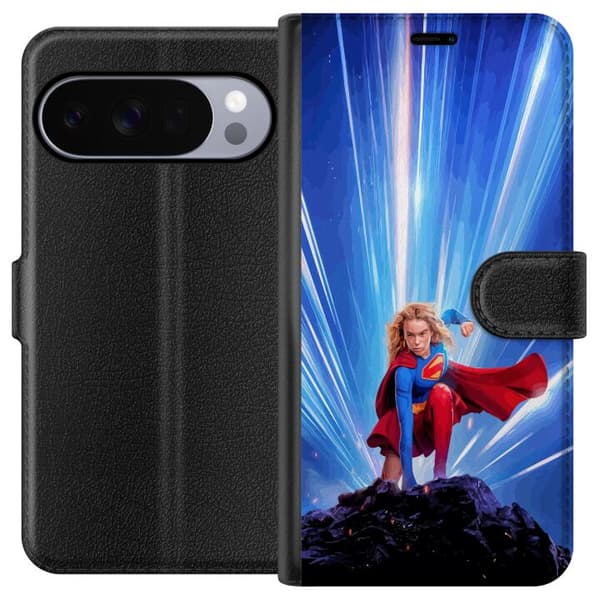 Kompatibel Tegnebogsetui til Google Pixel 10 Pro Kraftfuld superheltinde på klippe med svingende kappe og blå lysvirkninger blå