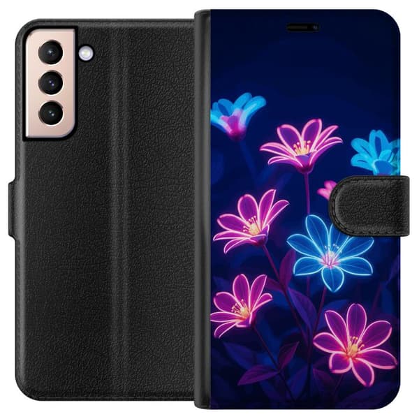 Kompatibel Tegnebogsetui til Samsung Galaxy S21 Blåt og lyserødt motiv med lysende neonblomster mod mørk baggrund blå