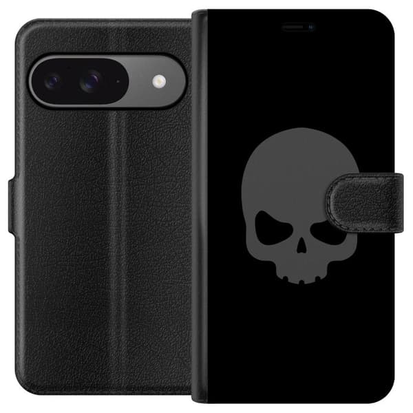 Kompatibel Tegnebogsetui til Google Pixel 9 Enkel dødningehoved i grå tone mod sort baggrund, elegant og moderne design