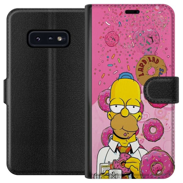 Kompatibel Tegnebogsetui til Samsung Galaxy S10e Homer Simpson spiser lyserøde donuts mod en farverig baggrund pink
